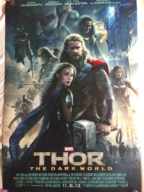 101x68 THOR movie poster signed by Hemsworth and Hiddleston Avengers