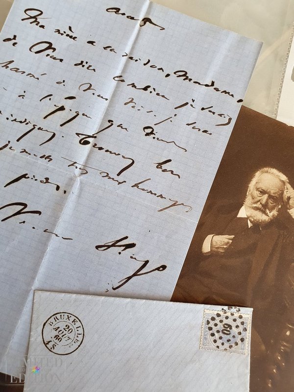 SOLD DURING A FRENCH TV SHOW. French famous writer Victor Hugo 1869 letter to a lady.