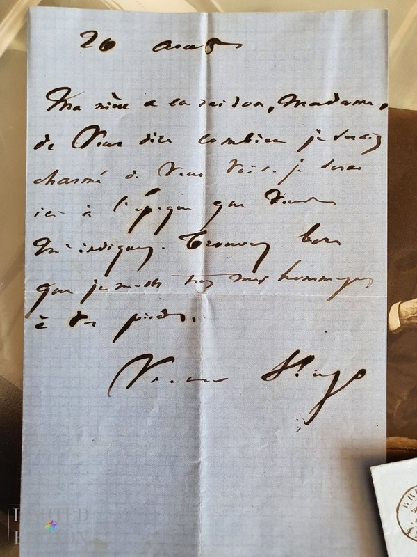 SOLD DURING A FRENCH TV SHOW. French famous writer Victor Hugo 1869 letter to a lady.