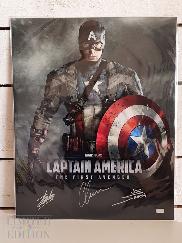 MASTER PIECE ! 16x20 Captain America movie poster signed by Evans, Stan Lee and Joe Simon